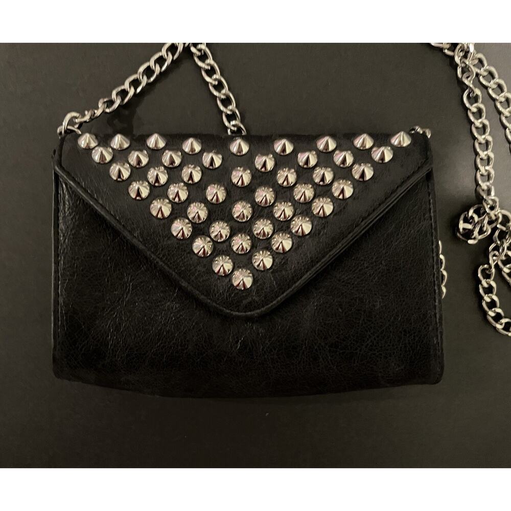 EUC JJ Winters Studded Leather‎ Alice Crossbody Clutch Purse Black+Silver Chain